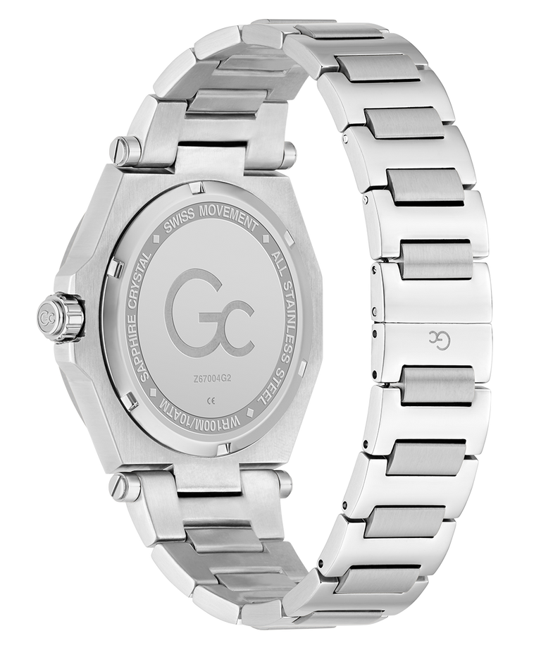 caseback of Gc Legacy Sleek Metal watch with a metallic band on a white background