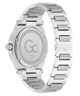 caseback of Gc Legacy Sleek Metal watch with a metallic band on a white background