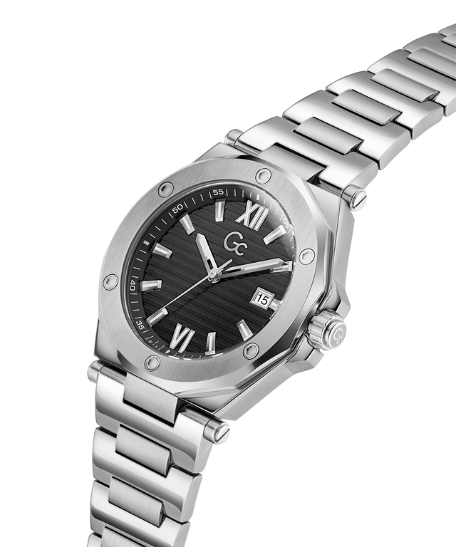 Gc Legacy Sleek Metal watch with black dial on a white background lifestyle