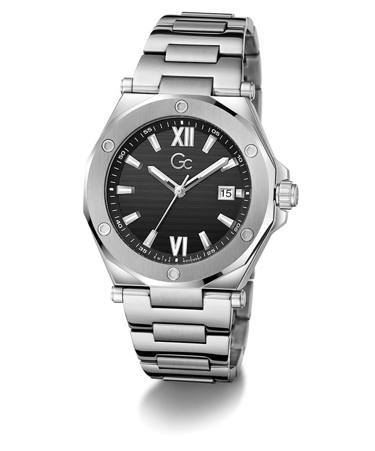 Gc Legacy Sleek Metal watch with black dial on a white background