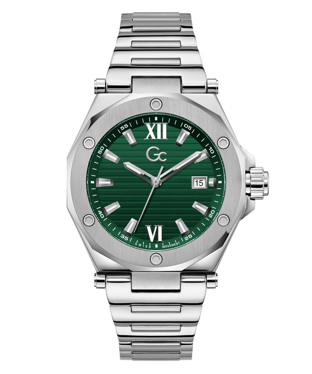 Silver Gc Legacy Sleek Metal with a green dial on a white background
