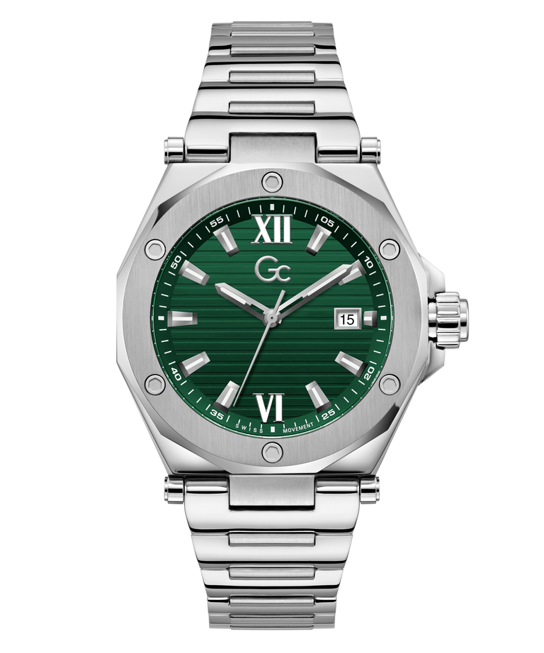 Silver Gc Legacy Sleek Metal with a green dial on a white background