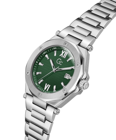 Silver Gc Legacy Sleek Metal with a green dial on a white background lifestyle