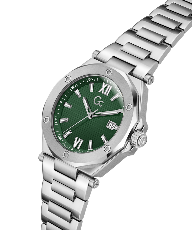 Silver Gc Legacy Sleek Metal with a green dial on a white background lifestyle