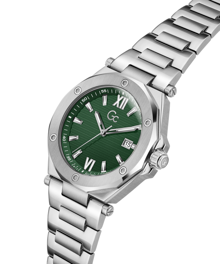 Silver Gc Legacy Sleek Metal with a green dial on a white background lifestyle