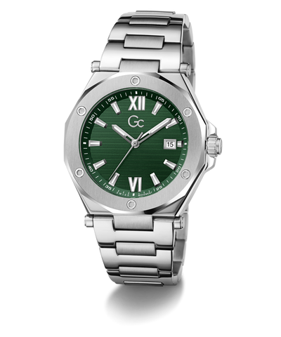 Silver Gc Legacy Sleek Metal with a green dial on a white background