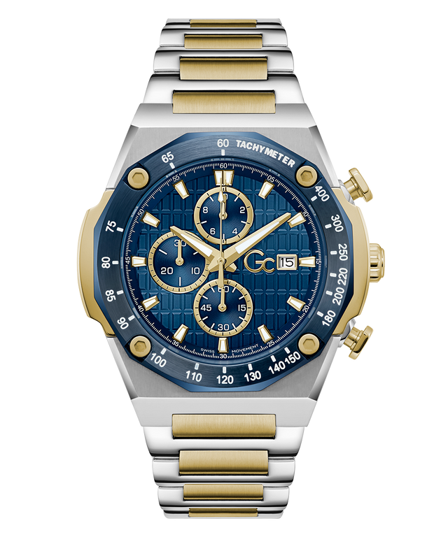 Gc IdolSport Chrono Metal watch with blue face, gold accents, and silver band on a white background