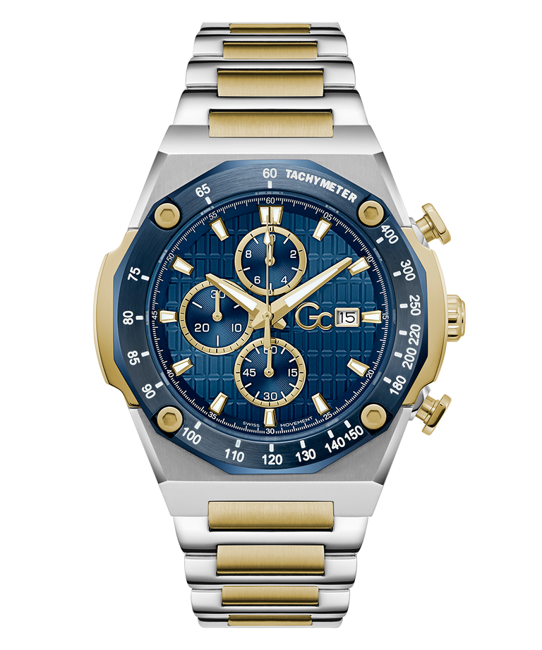 Gc IdolSport Chrono Metal watch with blue face, gold accents, and silver band on a white background