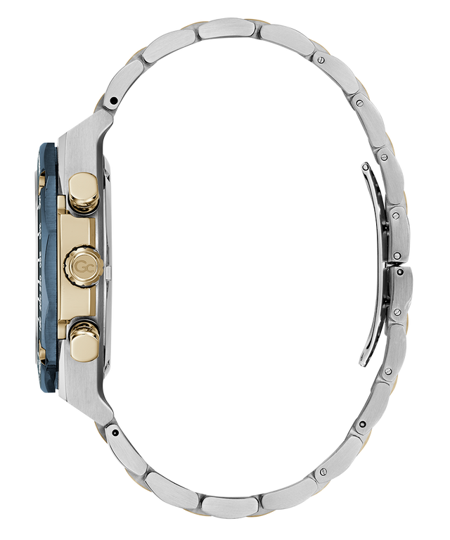 Close-up of a Gc IdolSport Chrono Metal watch with a metal band on a white background