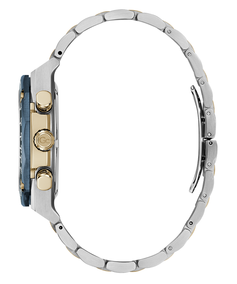 Close-up of a Gc IdolSport Chrono Metal watch with a metal band on a white background