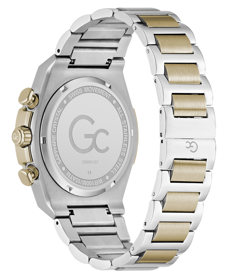 case back of Gc IdolSport Chrono Metal watch with silver and gold band on a white background