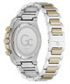 case back of Gc IdolSport Chrono Metal watch with silver and gold band on a white background