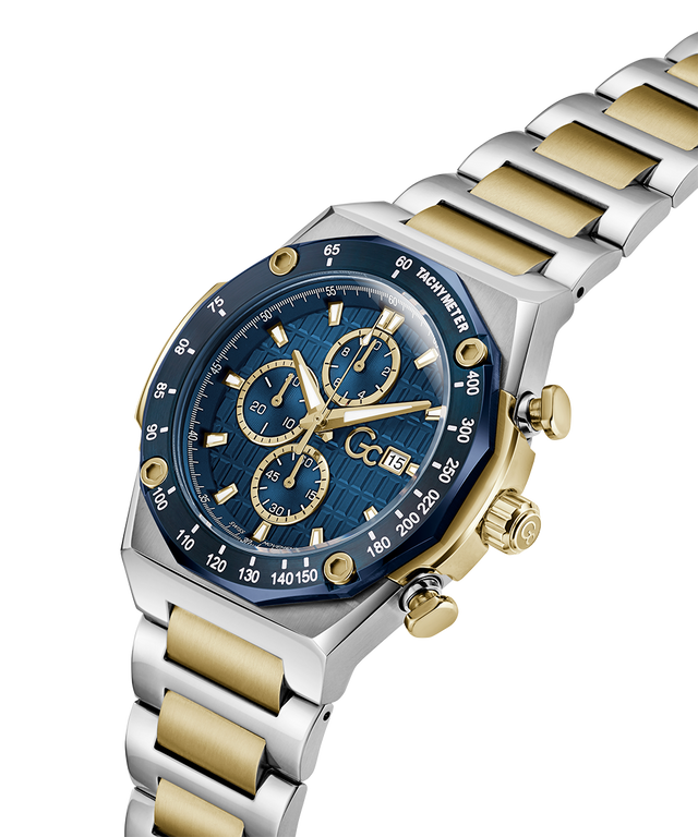 Gc IdolSport Chrono Metal watch with blue face, gold accents, and silver and gold band on white background lifestyle