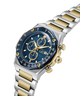 Gc IdolSport Chrono Metal watch with blue face, gold accents, and silver and gold band on white background lifestyle