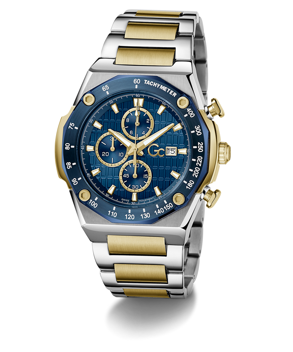Gc IdolSport Chrono Metal watch with blue face and gold accents on a white background