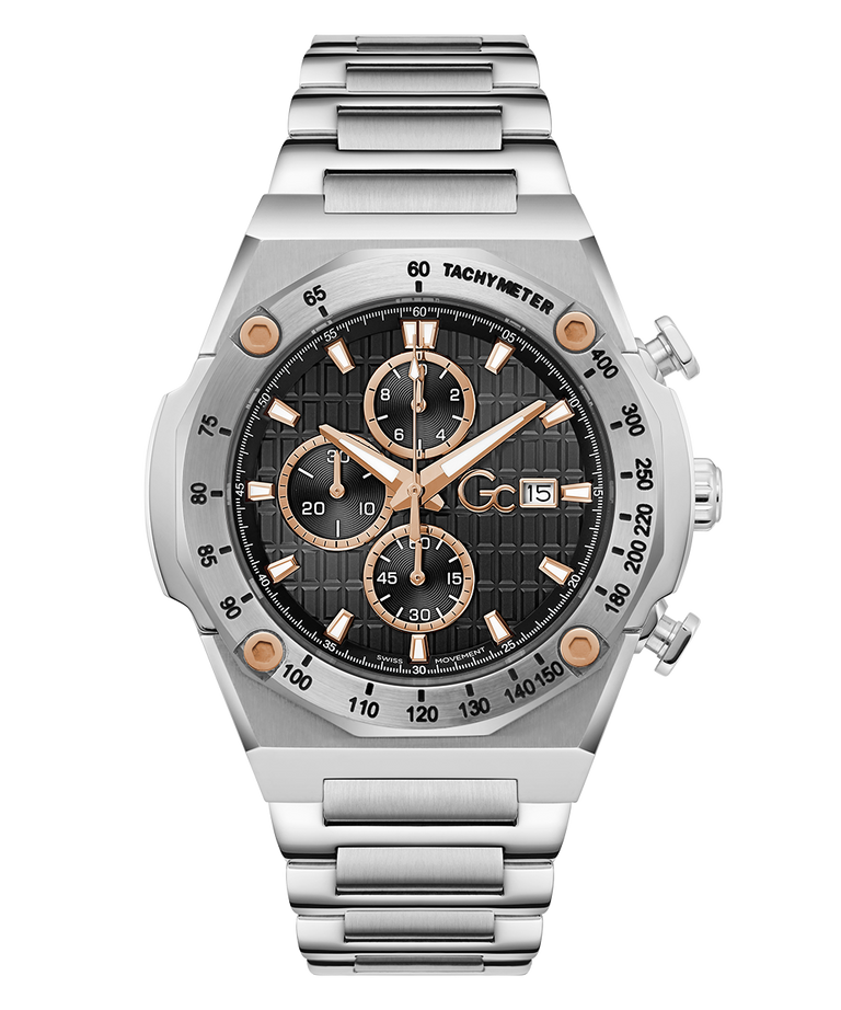 Gc IdolSport Chrono Metal watch with a black face and rose gold accents on a white background