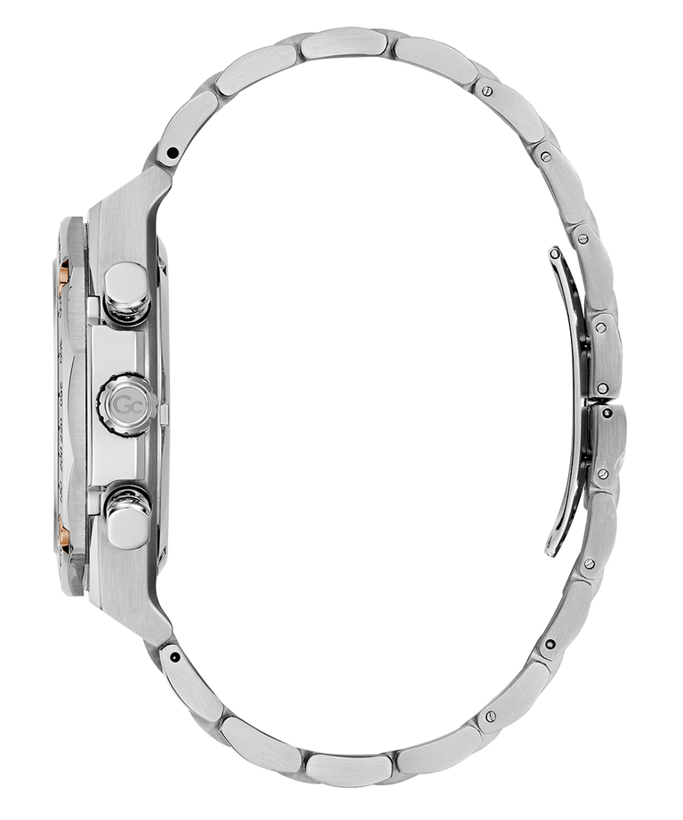 Close-up of a Gc IdolSport Chrono Metal watch with detailed case and bracelet on a white background