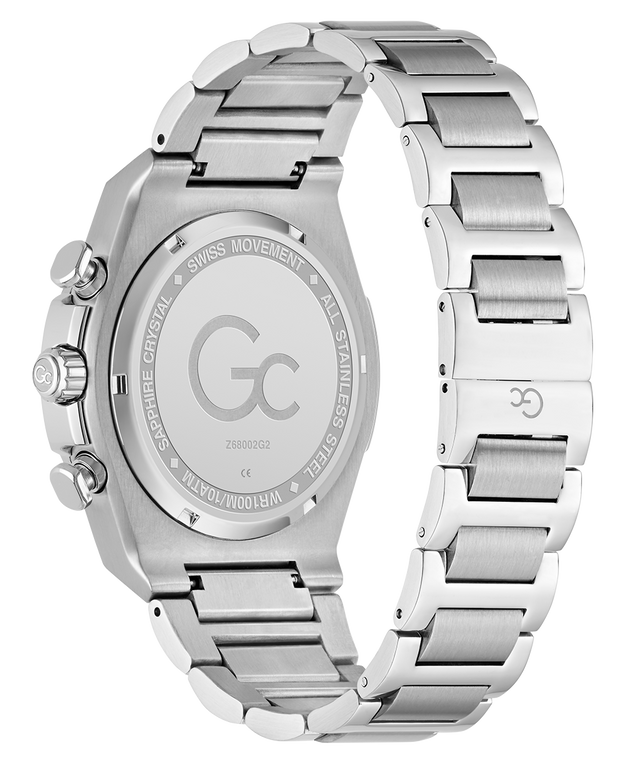 Caseback of Gc IdolSport Chrono Metal watch with brand logo on a white background