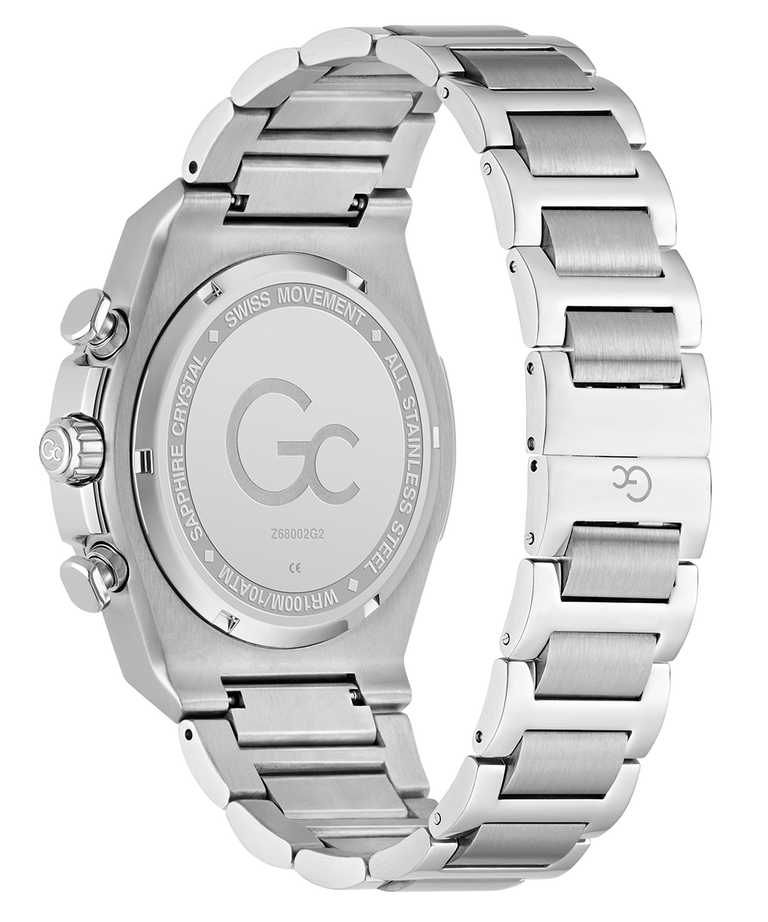 Caseback of Gc IdolSport Chrono Metal watch with brand logo on a white background