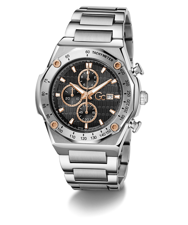 Gc IdolSport Chrono Metal watch with black dial and rose gold accents on a white background