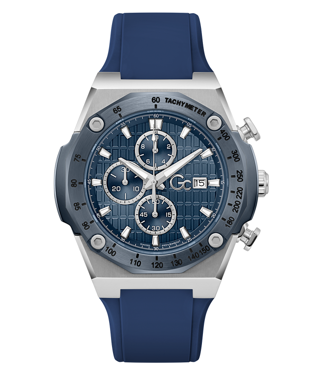 Gc IdolSport Chrono Silicone Blue watch with silver accents on a white background