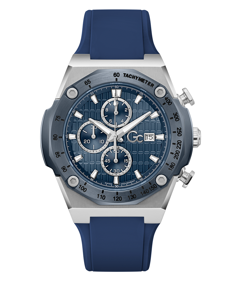 Gc IdolSport Chrono Silicone Blue watch with silver accents on a white background