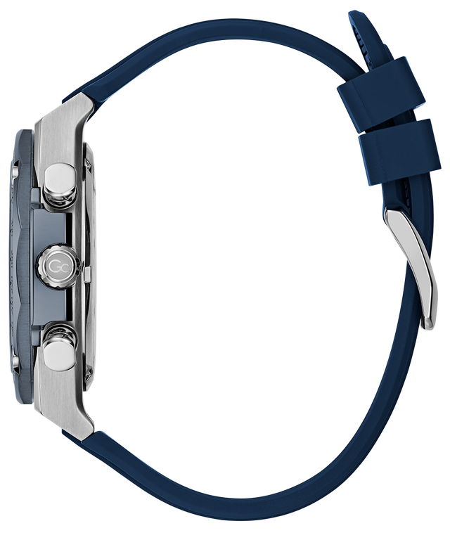Close-up of a Gc IdolSport Chrono Silicone watch with a blue strap on a white background