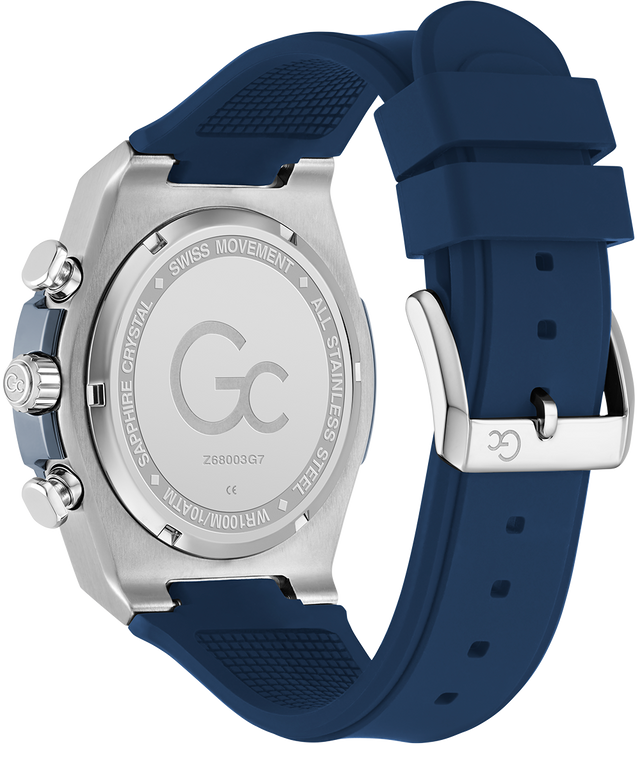 Gc IdolSport Chrono Silicone Blue watch with silver case and detailed back design on a white background