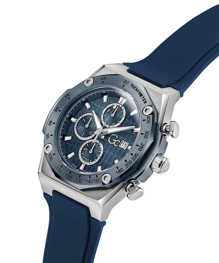 Gc IdolSport Chrono Silicone Blue watch with a detailed face on a white background lifestyle