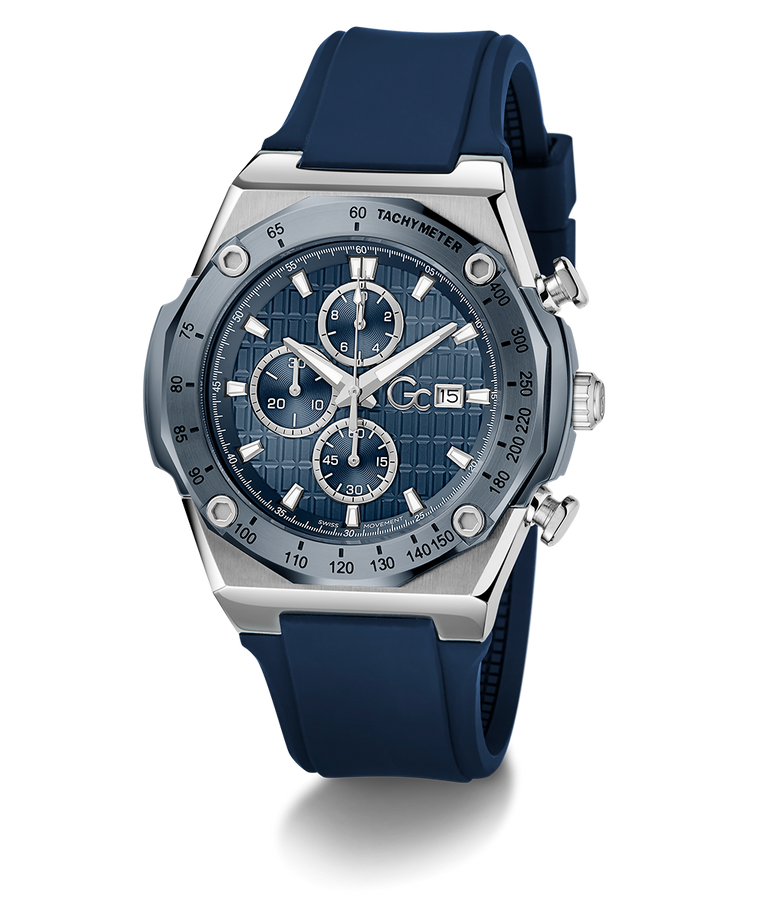 Gc IdolSport Chrono Silicone watch with blue strap and silver case on a white background