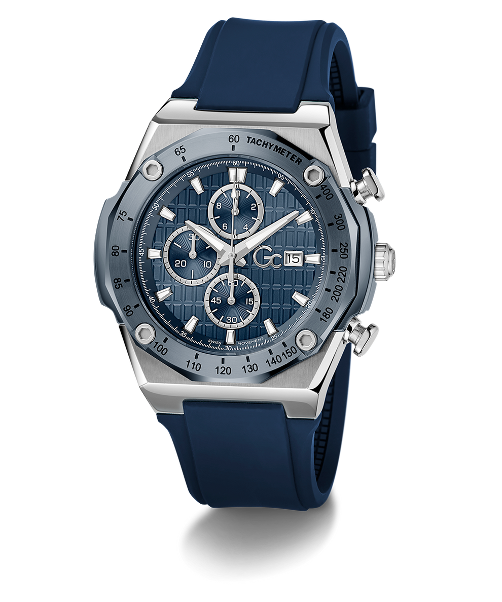 Gc IdolSport Chrono Silicone watch with blue strap and silver case on a white background
