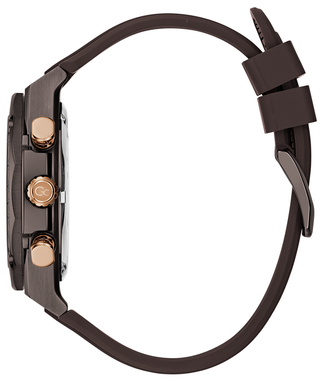 Close-up of a Gc IdolSport Chrono Silicone watch with a brown strap and rose gold accents on a white background