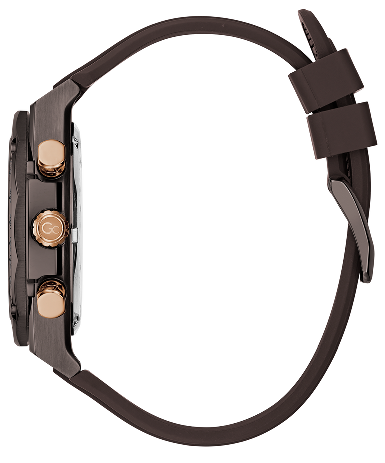 Close-up of a Gc IdolSport Chrono Silicone watch with a brown strap and rose gold accents on a white background