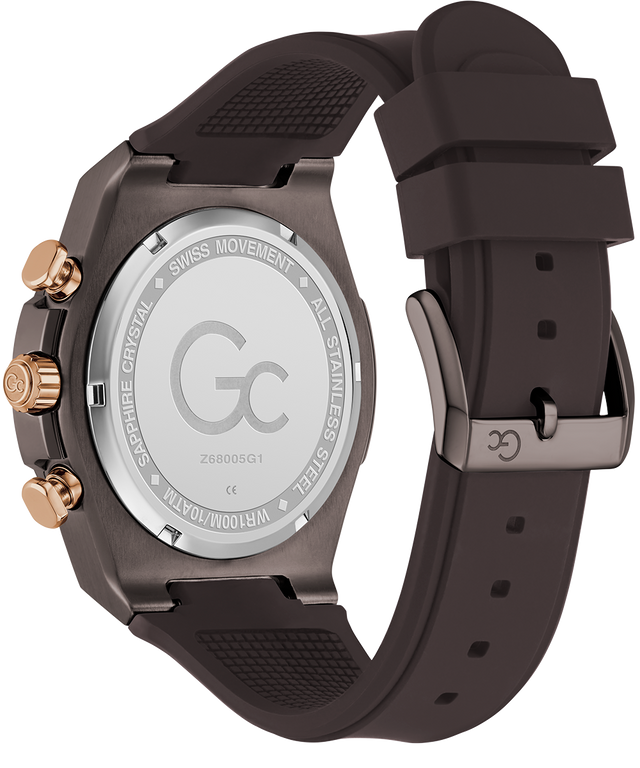 Gc IdolSport Chrono Silicone Watch with brown strap and gold accents on a white background