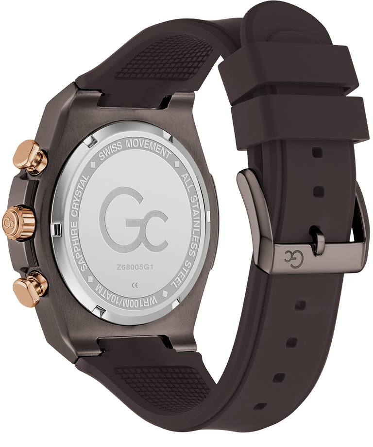 Gc IdolSport Chrono Silicone Watch with brown strap and gold accents on a white background