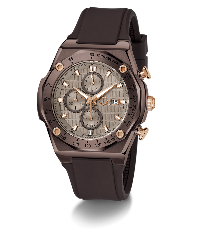 Gc IdolSport Chrono Silicone watch with brown strap and detailed face on a white background