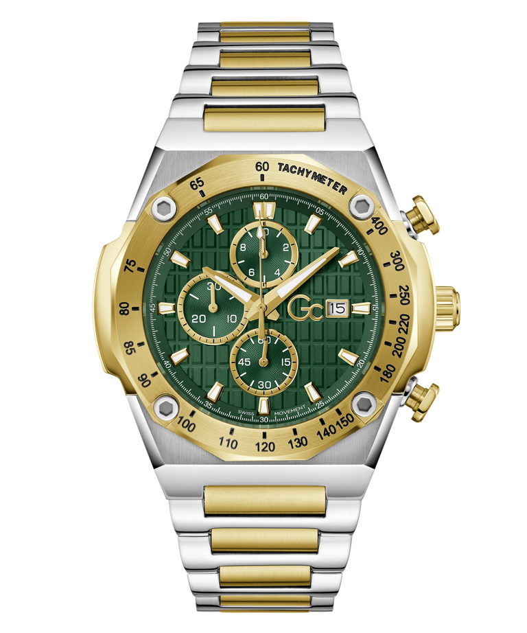 Two-tone silver and gold Gc IdolSport Chrono Metal with a green face on a white background