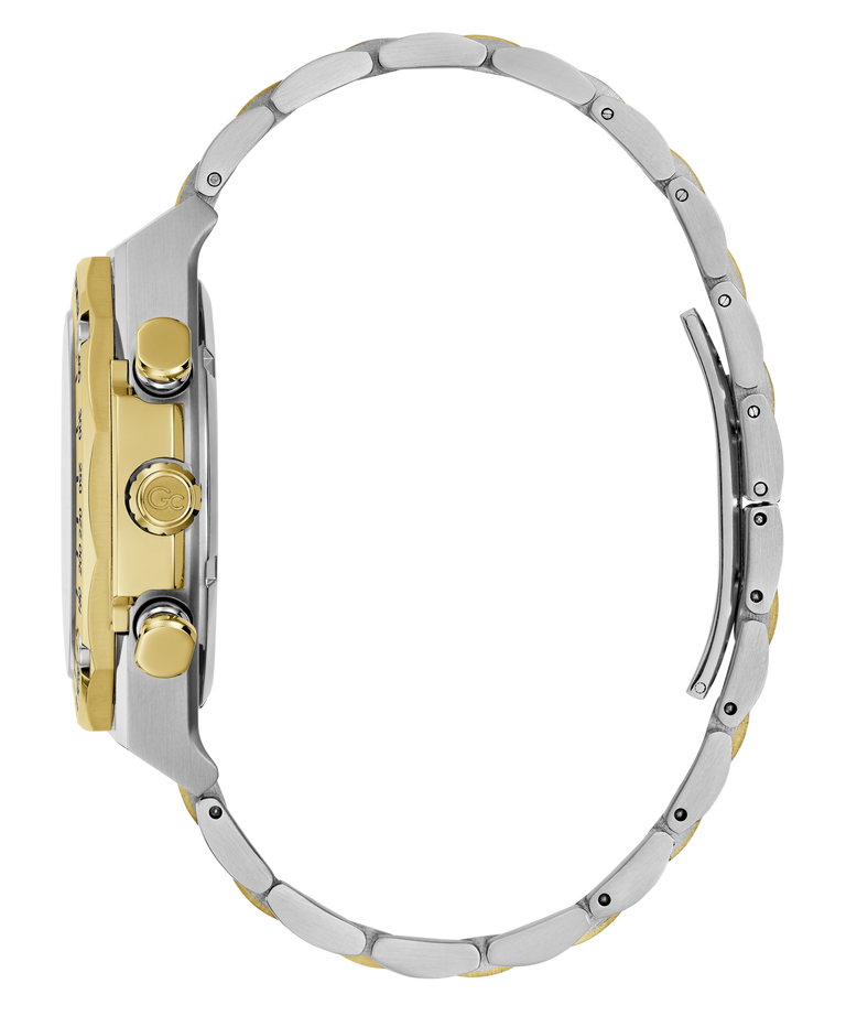 Close-up of a watch with a silver and Gc IdolSport Chrono Metal band on a white background