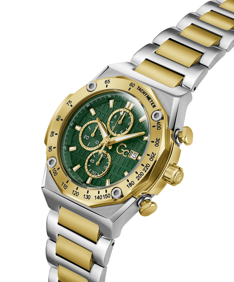 Gc IdolSport Chrono Metal with green face and gold accents on a white background lifestyle