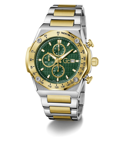 Two-tone Gc IdolSport Chrono Metal with green face and gold accents on a white background