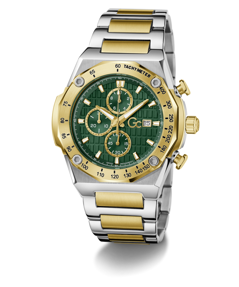 Two-tone Gc IdolSport Chrono Metal with green face and gold accents on a white background