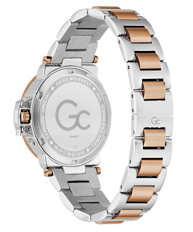 Two-tone Gc MoonChic Large Size Metal with silver and rose gold band on a white background