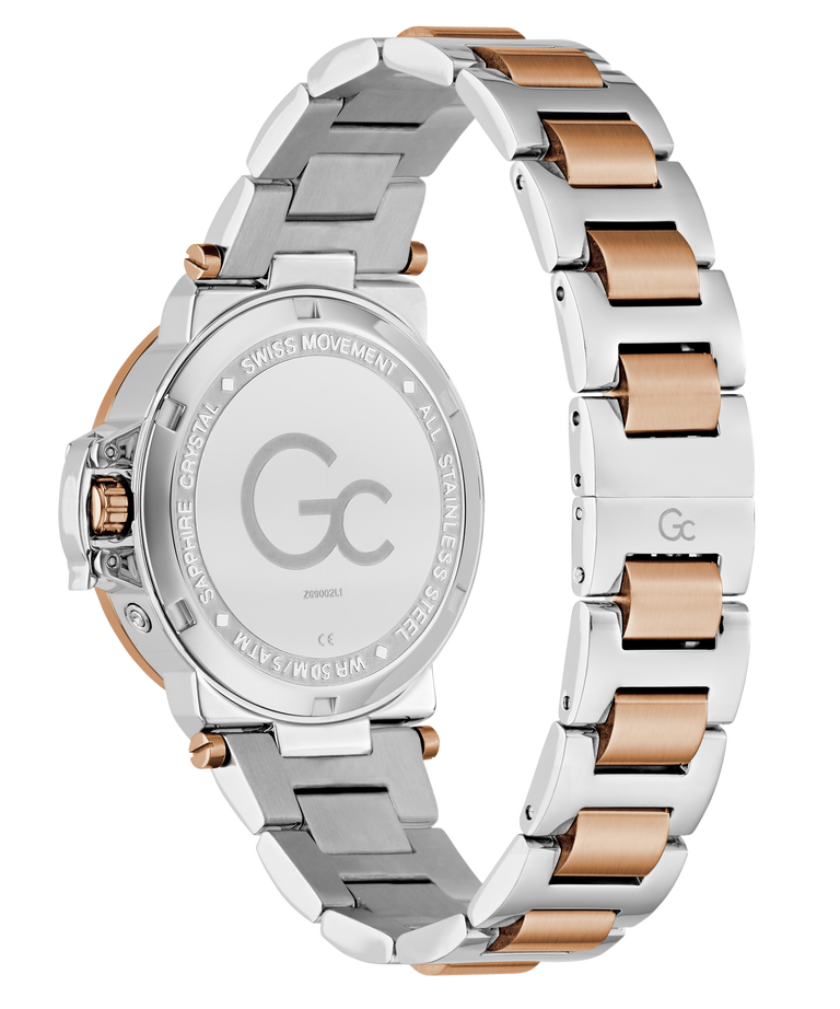 Two-tone Gc MoonChic Large Size Metal with silver and rose gold band on a white background