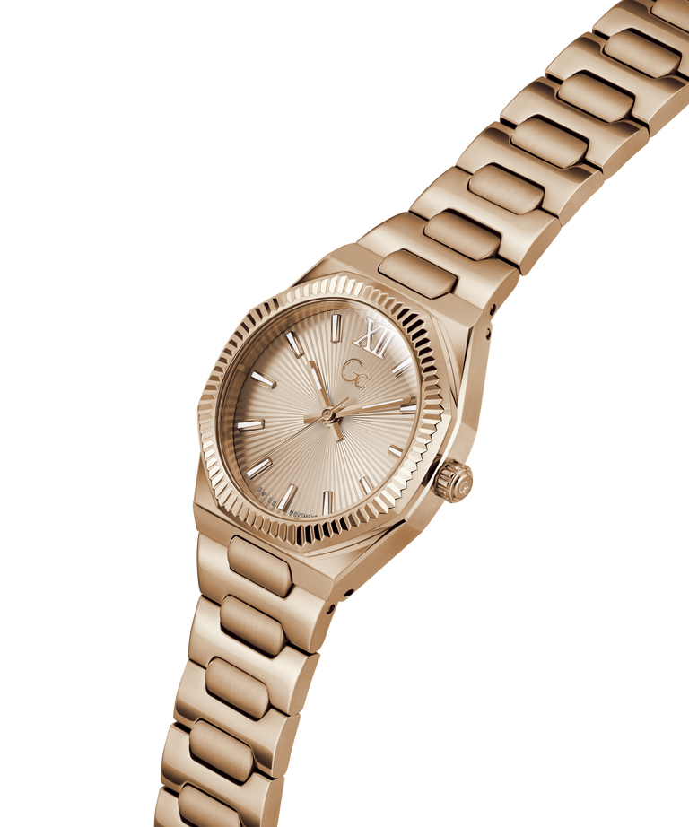 Rose gold Gc Prodigy Lady Mini Small Size Metal watch with a metallic band on a white background lifestyle