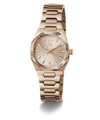 Rose gold Gc Prodigy Lady Mini Small Size Metal watch with a metallic band on a white background
