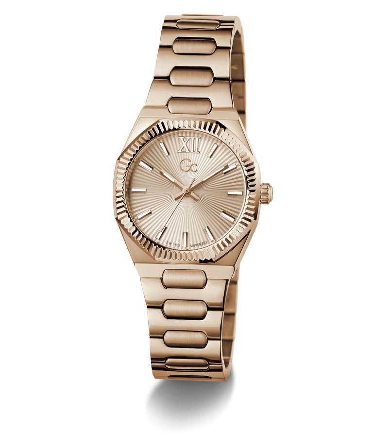 Rose gold Gc Prodigy Lady Mini Small Size Metal watch with a metallic band on a white background