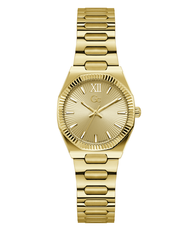 Gold Gc Prodigy Lady Mini Small Size Metal watch with a textured face on a white background