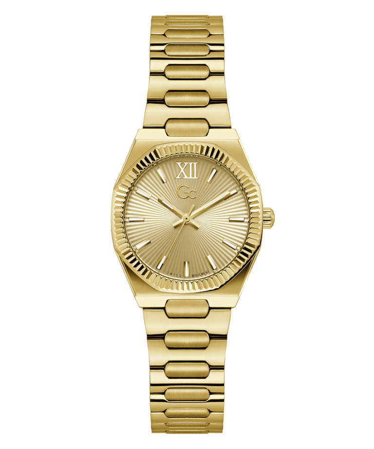 Gold Gc Prodigy Lady Mini Small Size Metal watch with a textured face on a white background