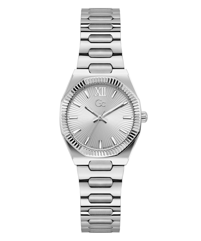 Silver Gc Prodigy Lady Mini Small Size Metal watch with a detailed face on a white background