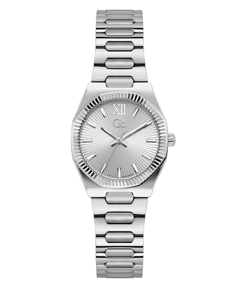 Silver Gc Prodigy Lady Mini Small Size Metal watch with a detailed face on a white background